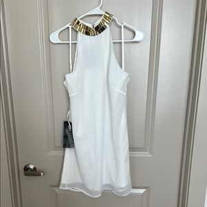 Bebe White and Gold Halter Sheath Mini Dress